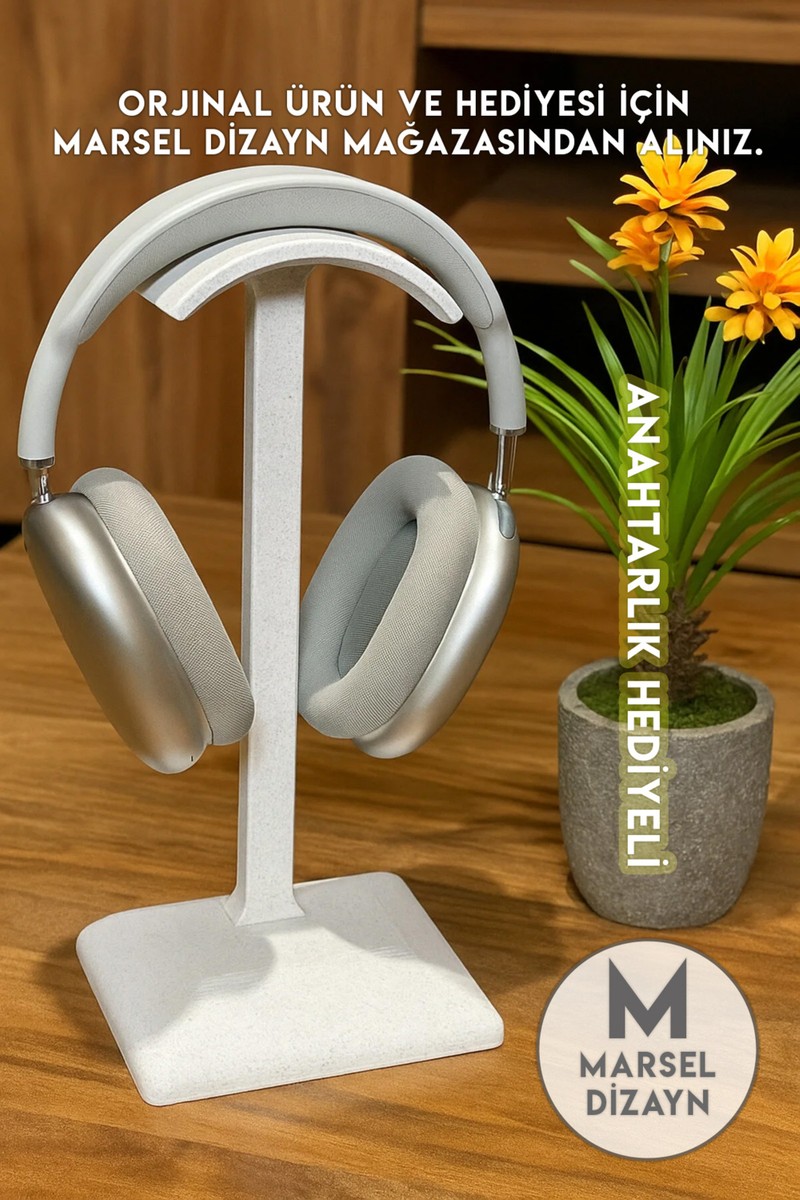 Marsel Dizayn Dekoratif Gamer Kulaklık Standı - Kulaklık Tutucu - Mermer Beyazı - Kış Temalı Anahtarlık Hediyeli - 24 cm