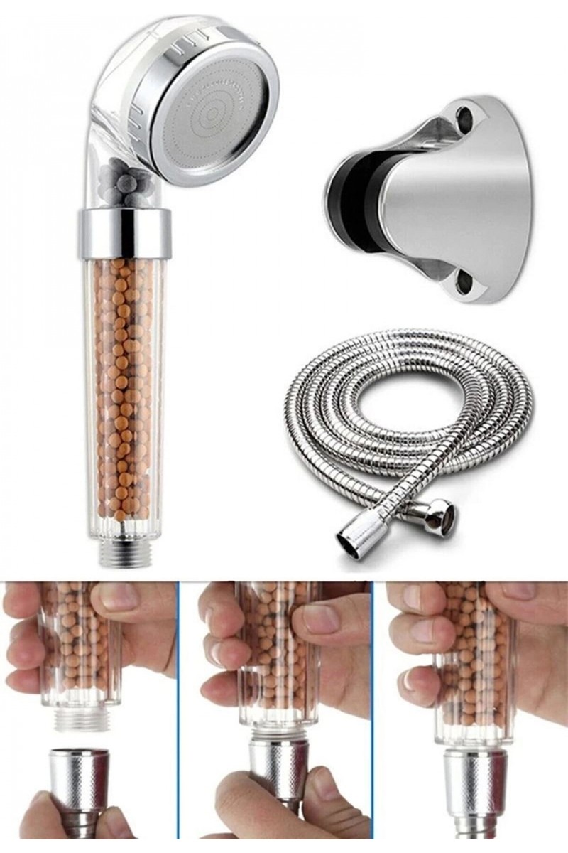 Marsilyan ™- Filtreli ve Su Tasarruflu Arıtmalı Duş Başlığı Seti Boncuklu Başlık Hortum ve Mafsal Set