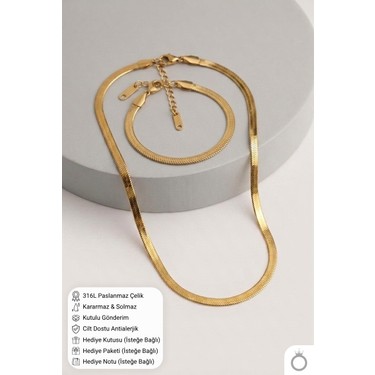 Mavega Mavega Kadın Çelik Italyan Zincir Kolye Bileklik Set 316L Paslanmaz Kararmaz Altın Gold 45+5 cm — 6. ürün görseli