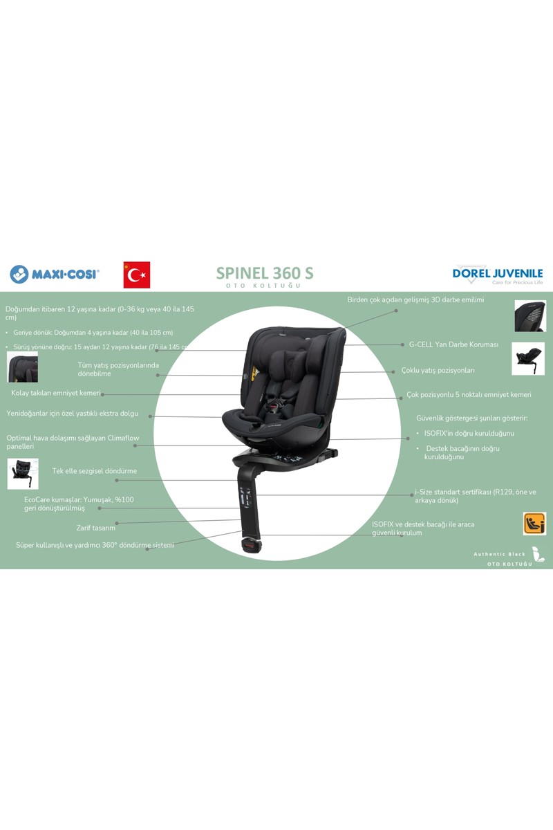 Maxi-Cosi Maxi-Cosi Spinel 360 S i-Size Dönebilen Yatabilen Isofix'li 0-36 kg Oto Koltuğu Authentic Black — 3. ürün görseli