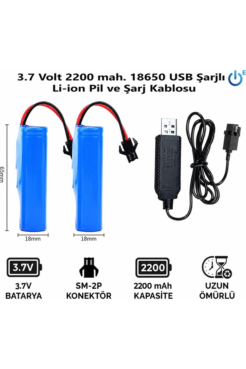 Mete Mete 2 adet BMS Korumalı 3.7 Volt 2200 Mah 18650 Li-Ion Şarj Edilebilir Uzaktan Kumandalı Araç Pili — 2. ürün görseli