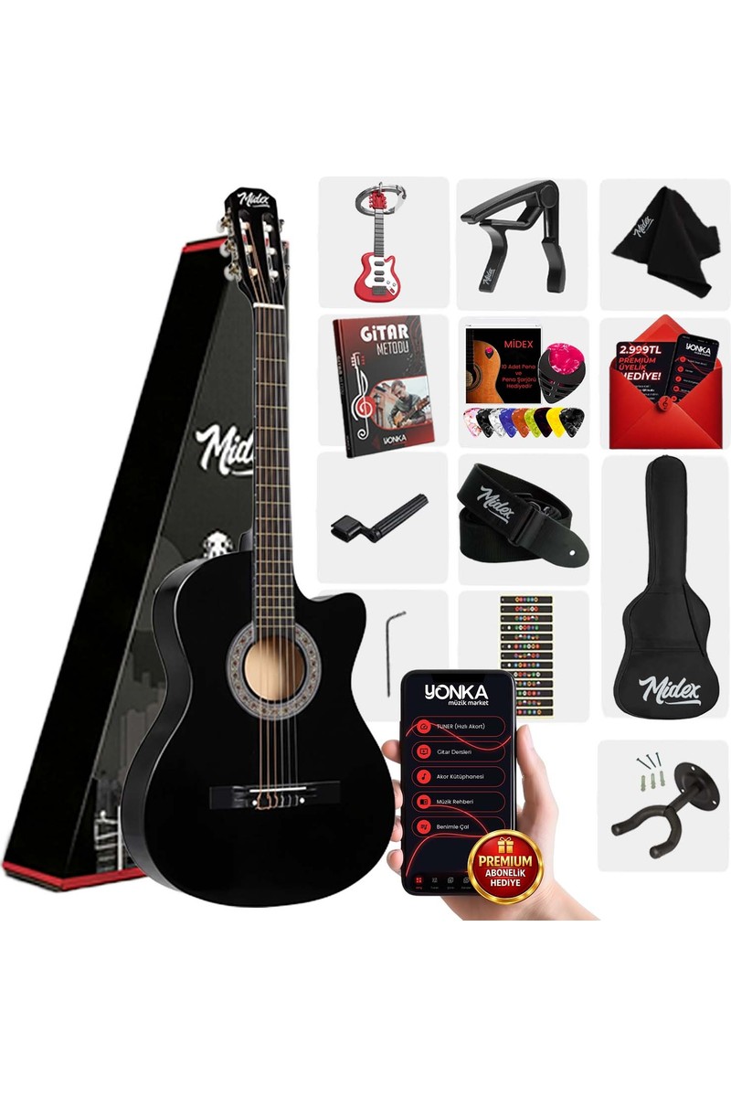 Midex CG-390BK-XBAG Siyah Klasik Gitar 4/4 Sap Ayarlı Kesik Kasa Full Set (Çanta Tuner Askı Capo Metod Pena)