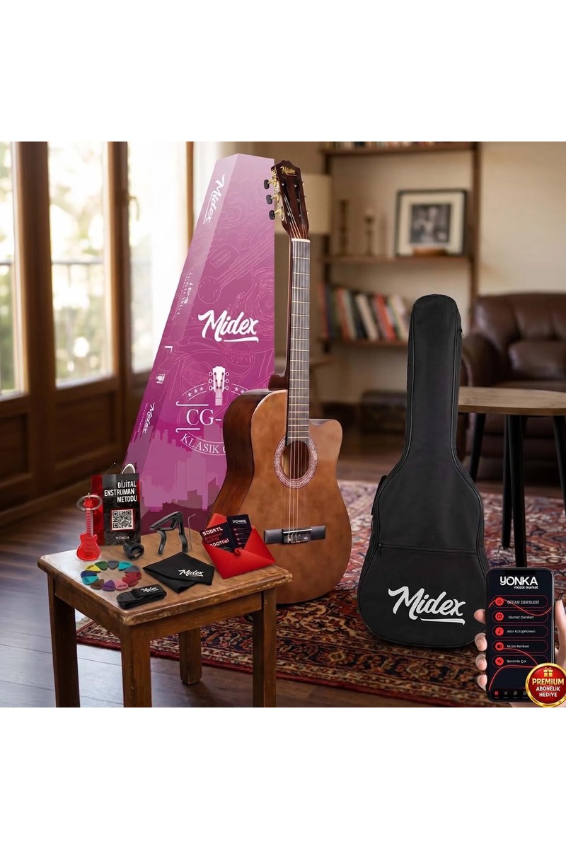 Midex CG-390BR-XBAG Klasik Gitar 4/4 Sap Ayarlı Kesik Kasa (Çanta Tuner Askı Capo Metod Pena)