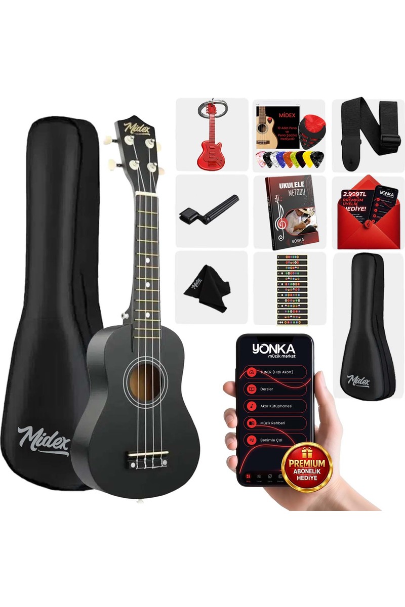 Midex UKX-233BK Siyah Concert Ukulele 23" Boyutlu Gül Ağacı Klavye ile Akustik Performans
