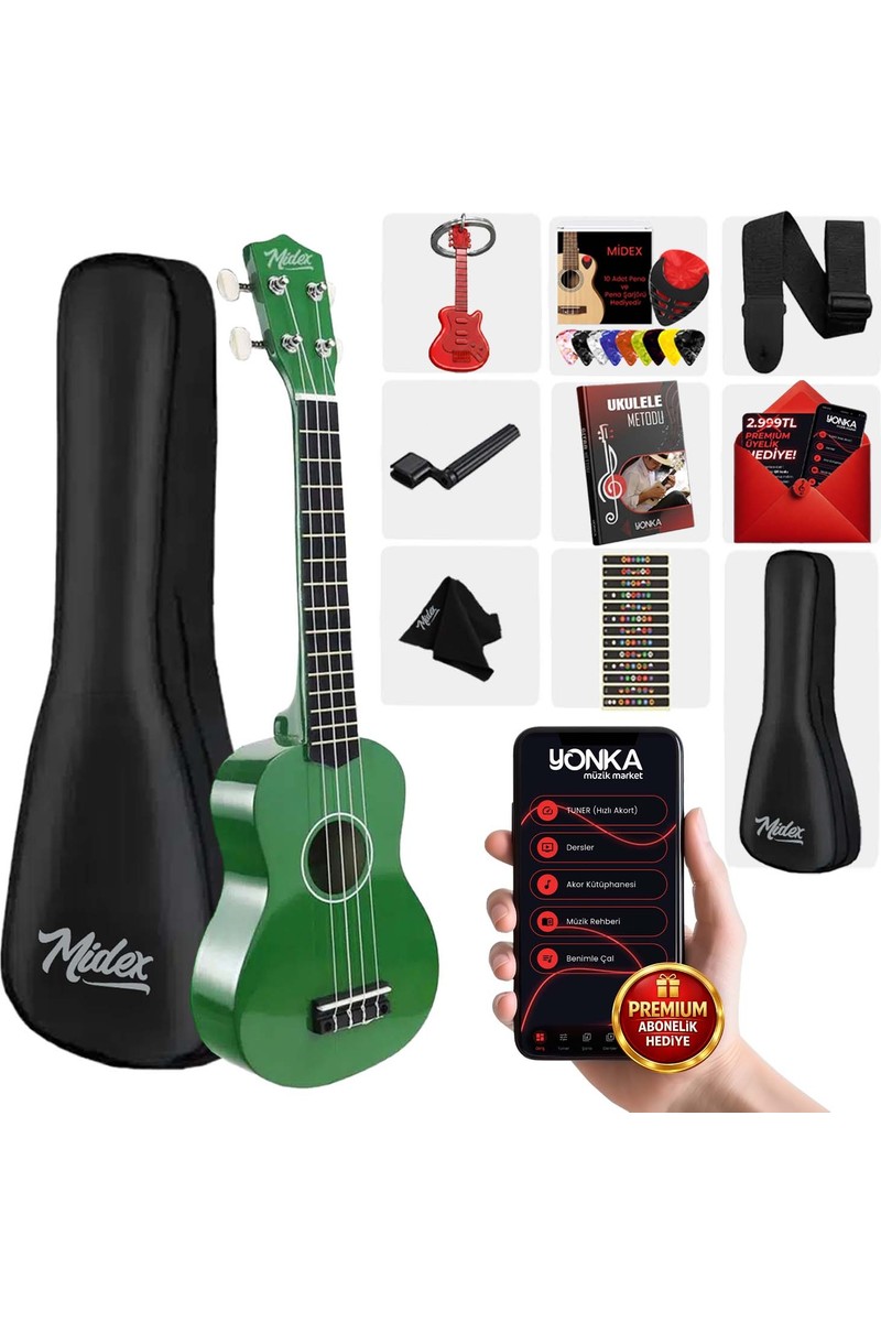 Midex UKX-233GR Yeşil Concert Ukulele (Askı Çanta Metod Pena)