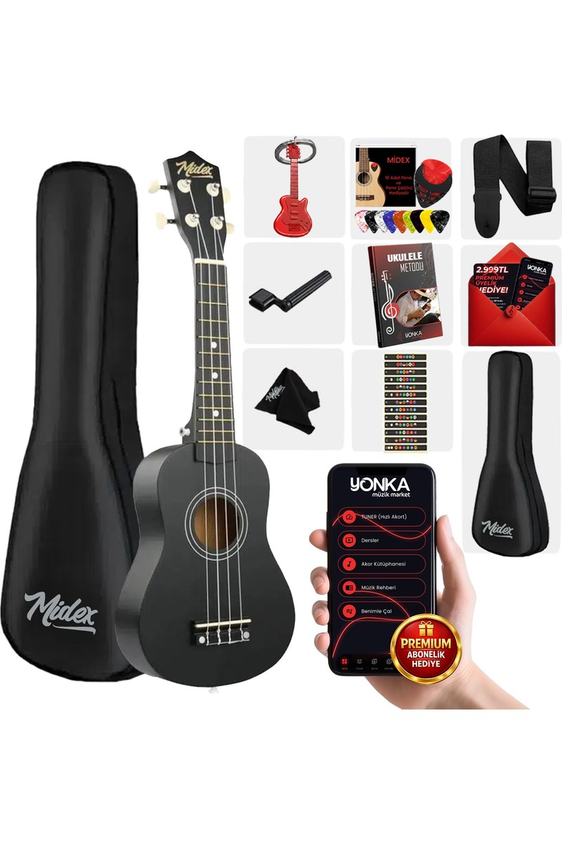 Midex Ukx-901bk Siyah Soprano Ukulele (Askı Çanta Metod Pena)
