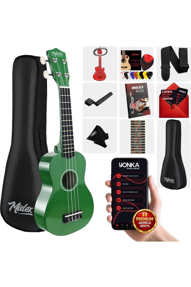 Midex UKX-901GR Yeşil Soprano Ukulele (Askı Çanta Metod Pena)