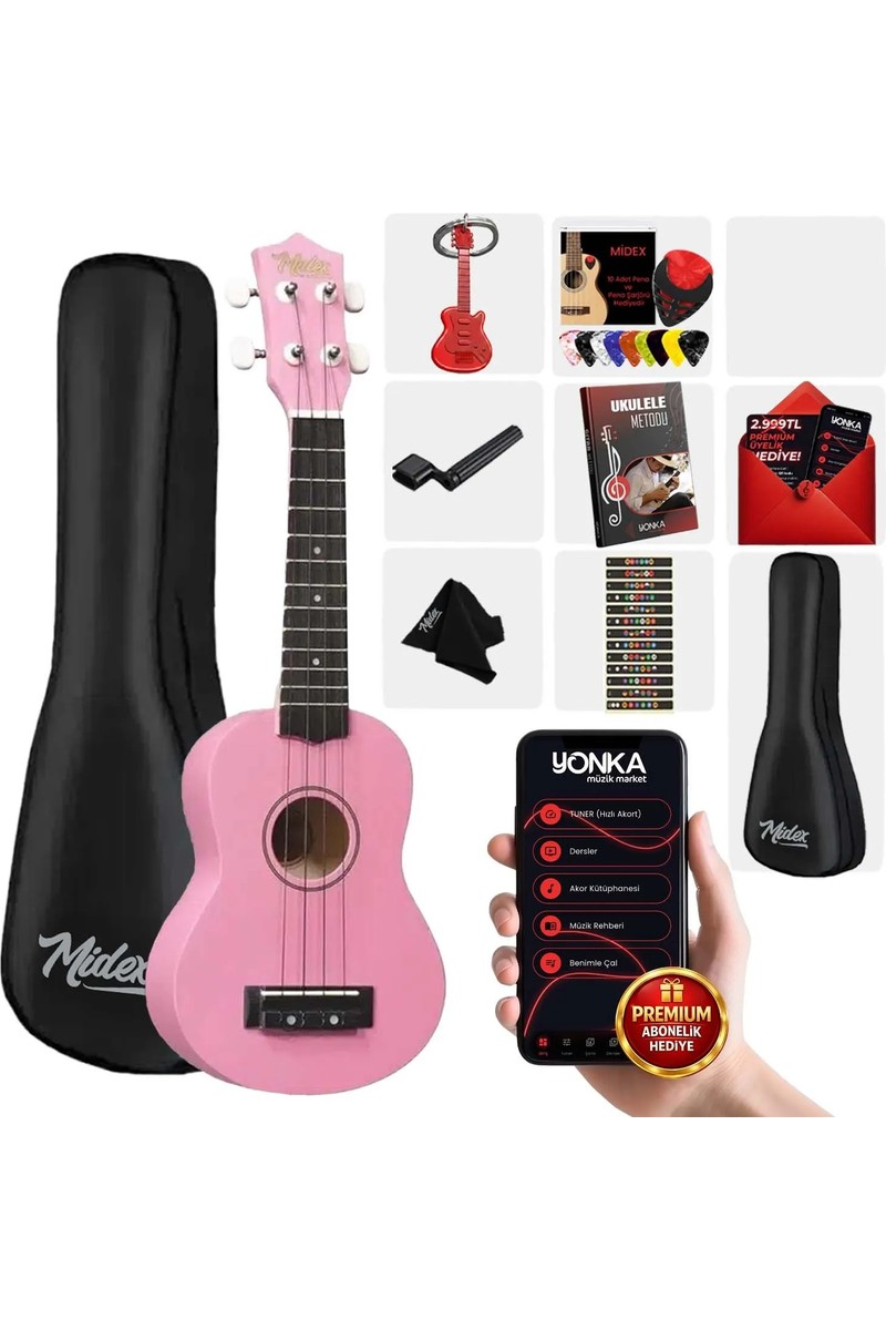 Midex UKX-901PK Pembe Soprano Ukulele (Askı Çanta Metod Pena)