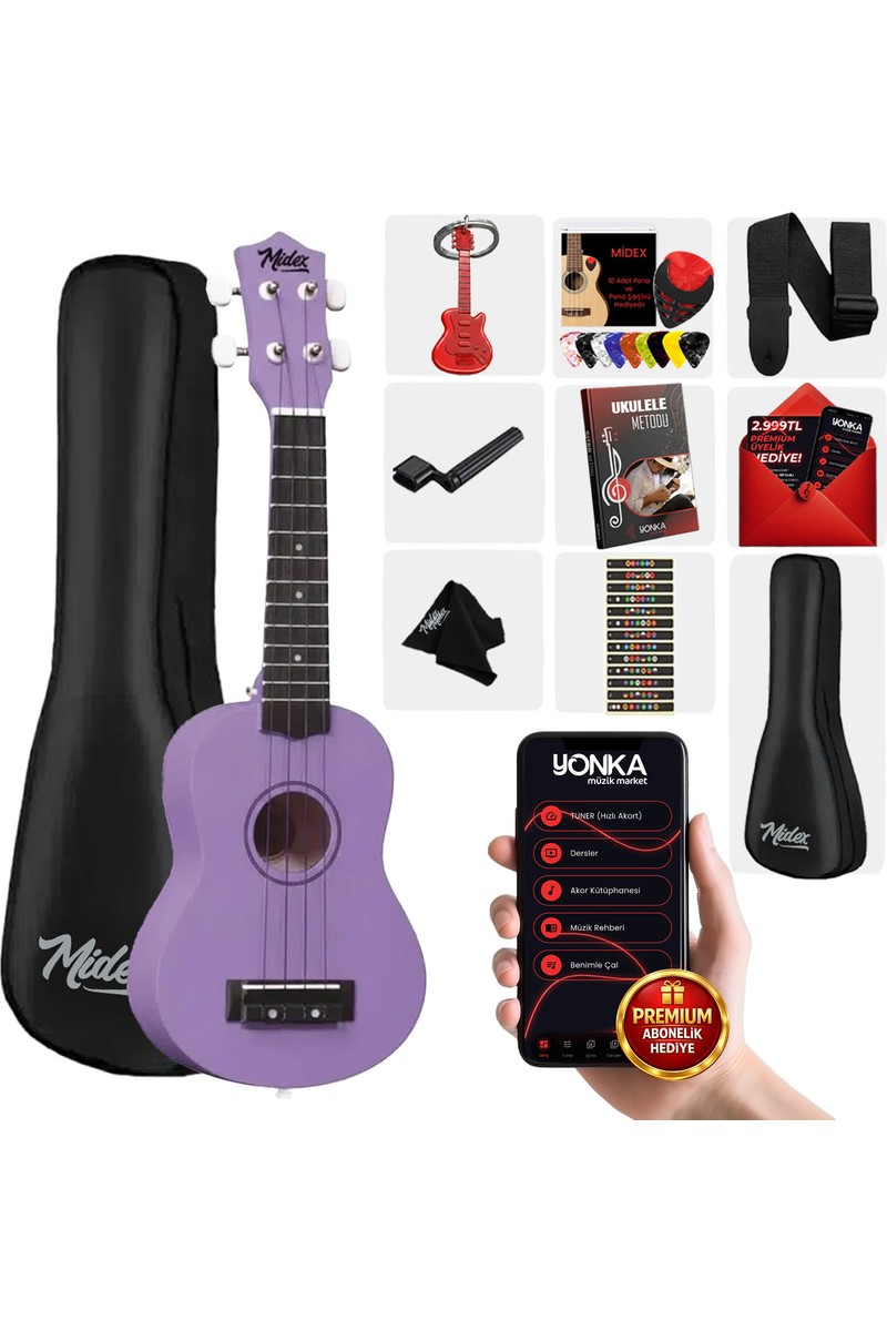 Midex UKX-901PRP Mor Soprano Ukulele (Askı Çanta Metod Pena)