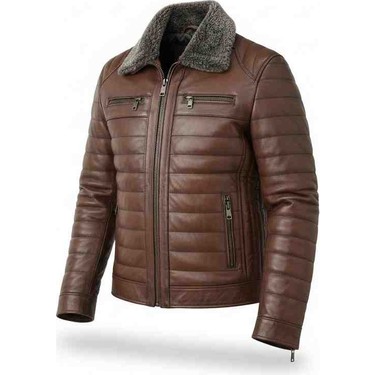 Moda Moda Erkek Kahverengi Yakası Kürklü Fermuarlı Içi Astarlı Hakiki Deri Mont fiyatı ve görseli