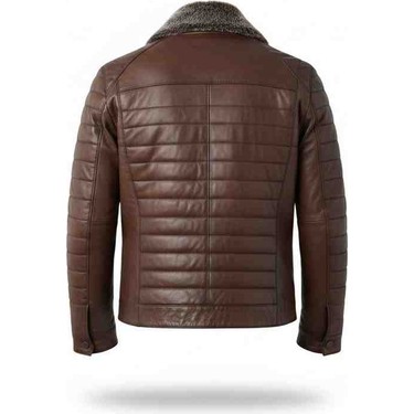 Moda Moda Erkek Kahverengi Yakası Kürklü Fermuarlı Içi Astarlı Hakiki Deri Mont — 4. ürün görseli