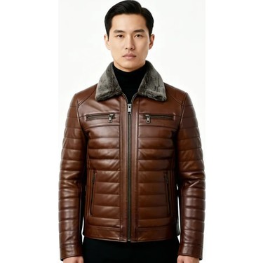 Moda Moda Erkek Kahverengi Yakası Kürklü Fermuarlı Içi Astarlı Hakiki Deri Mont — 6. ürün görseli
