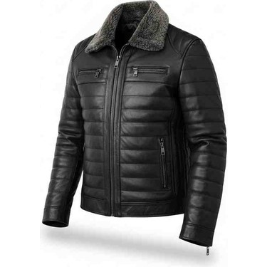 Moda Moda Erkek Siyah Yakası Çıkarılabilir Kürklü Fermuarlı Içi Astarlı Hakiki Deri Mont fiyatı ve görseli