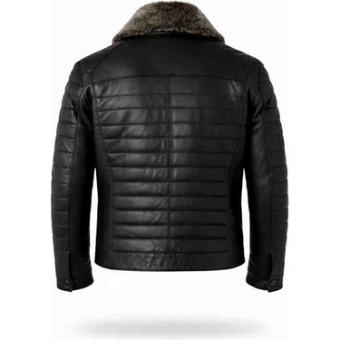 Moda Moda Erkek Siyah Yakası Çıkarılabilir Kürklü Fermuarlı Içi Astarlı Hakiki Deri Mont — 4. ürün görseli