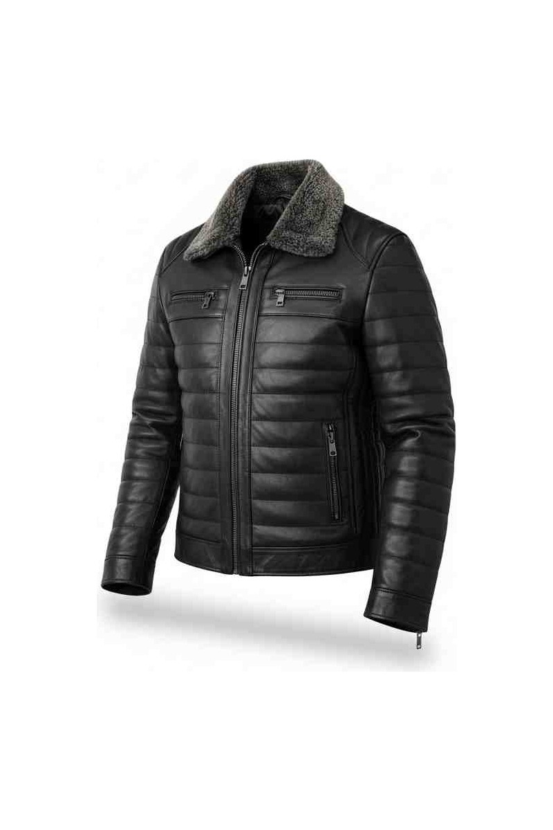 Moda Moda Erkek Siyah Yakası Çıkarılabilir Kürklü Fermuarlı Içi Astarlı Hakiki Deri Mont — 6. ürün görseli