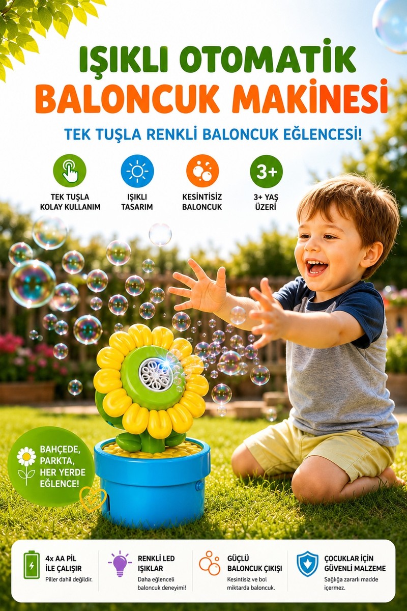 Mofy Baby Saksıda Çiçek Şeklinde Işıklı Baloncuk Makinesi Oyuncak 18.2 cm Eğlenceli Tasarım