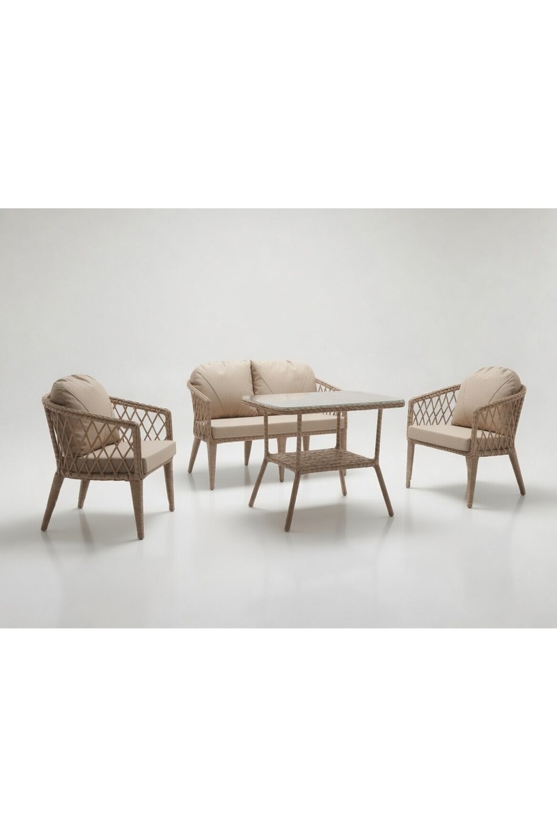 Monalin Monalin Home Garden Bodrum Kapuçino 4 Kişilik(2-1-1-Masa) Rattan Örgü Bahçe & Balkon & Teras Oturma Grubu Minderli & Camlı & Masalı Takım fiyatı ve görseli