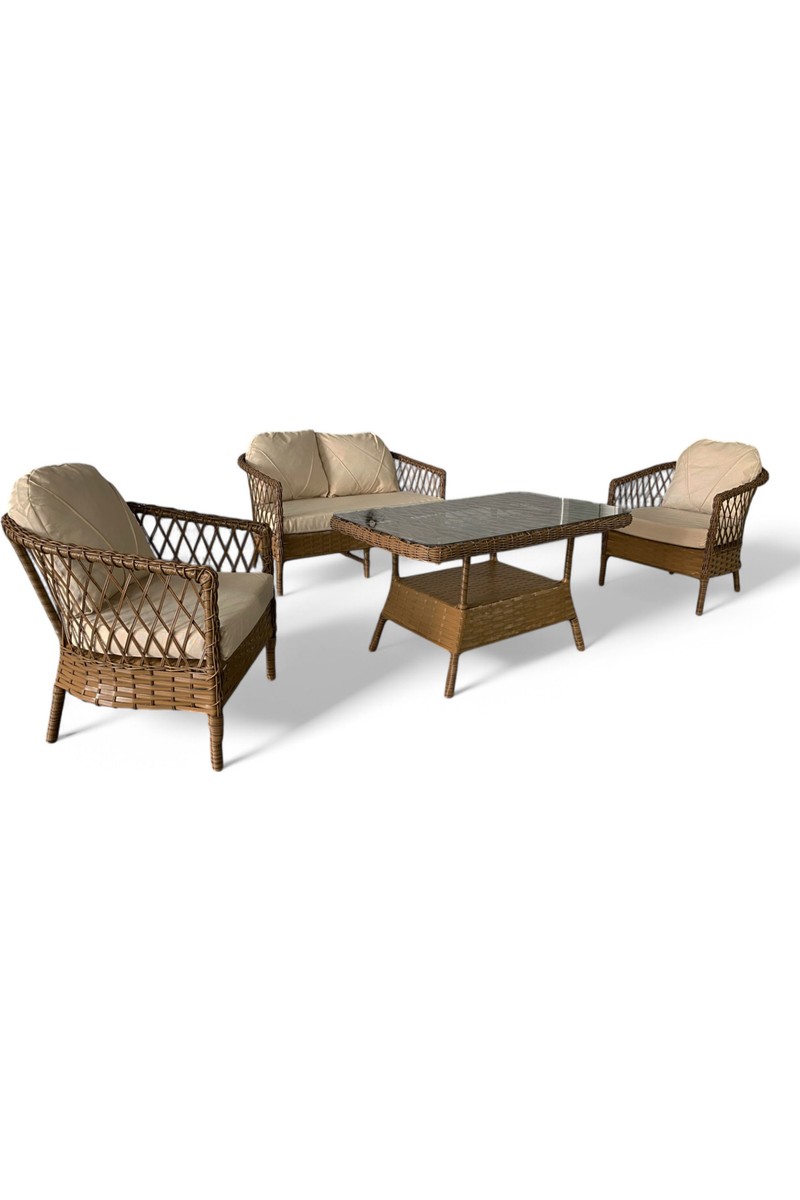 Monalin Mobilya Miami 4 Kişilik(2-1-1-Masa) Rattan Örgü Bahçe & Balkon & Teras Oturma Grubu Minderli & Camlı & Masalı Takım