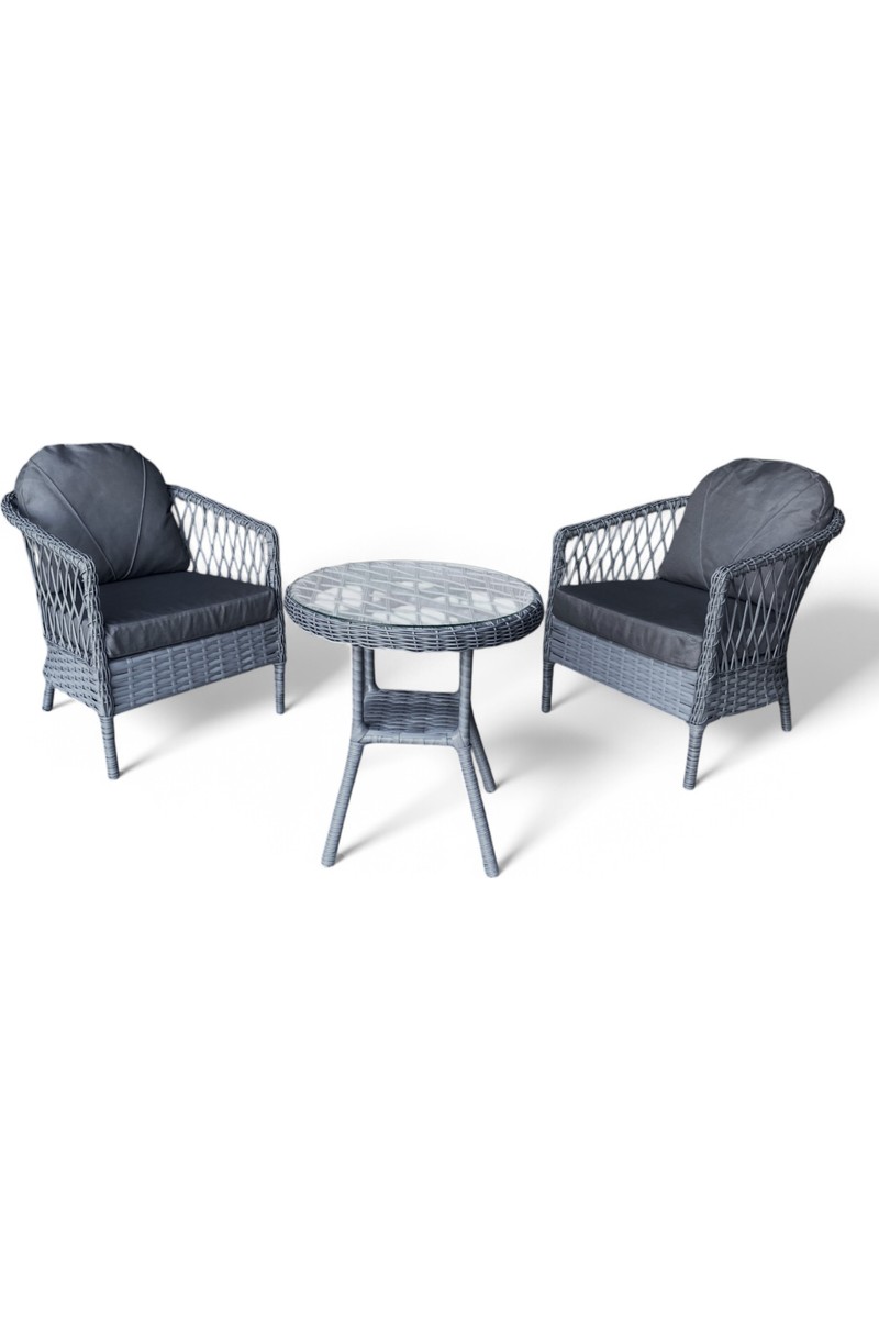 Monalin Mobilya MONALİN MOBİLYA Miami Gri 2 Kişilik(1-1-Masa) Rattan Örgü Bahçe & Balkon & Teras Oturma Grubu Minderli & Camlı & Masalı Takım