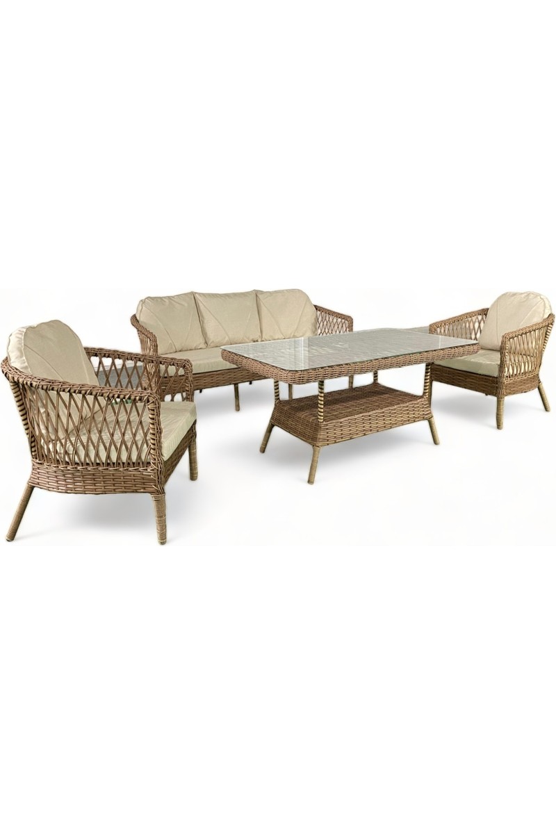 Monalin Mobilya Monalin Home Garden Miami 5 Kişilik(3-1-1-Masa) Rattan Örgü Bahçe & Balkon & Teras Oturma Grubu Minderli & Camlı & Masalı Takım