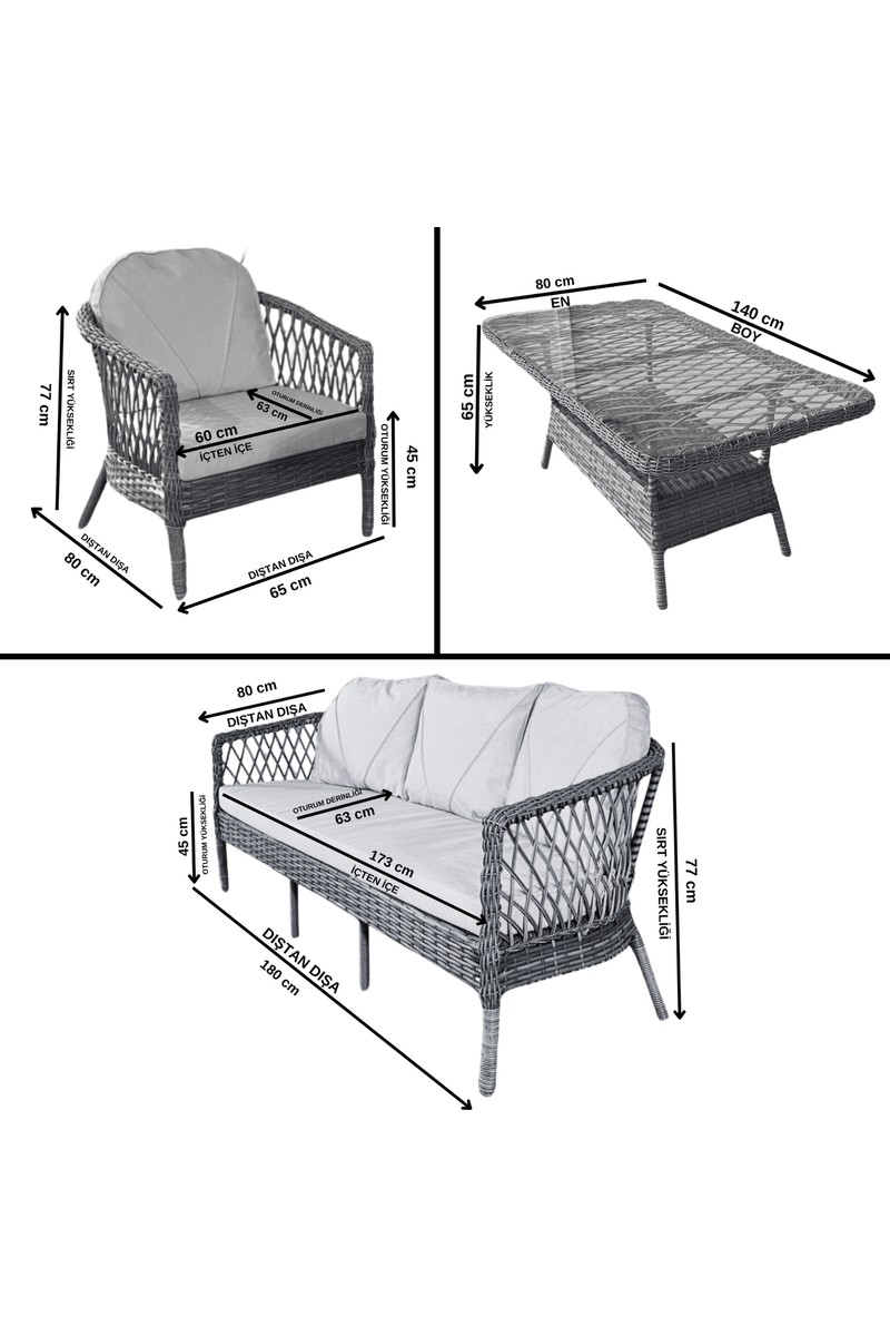 Monalin Monalin Mobilya Monalin Home Garden Miami 5 Kişilik(3-1-1-Masa) Rattan Örgü Bahçe & Balkon & Teras Oturma Grubu Minderli & Camlı & Masalı Takım — 3. ürün görseli