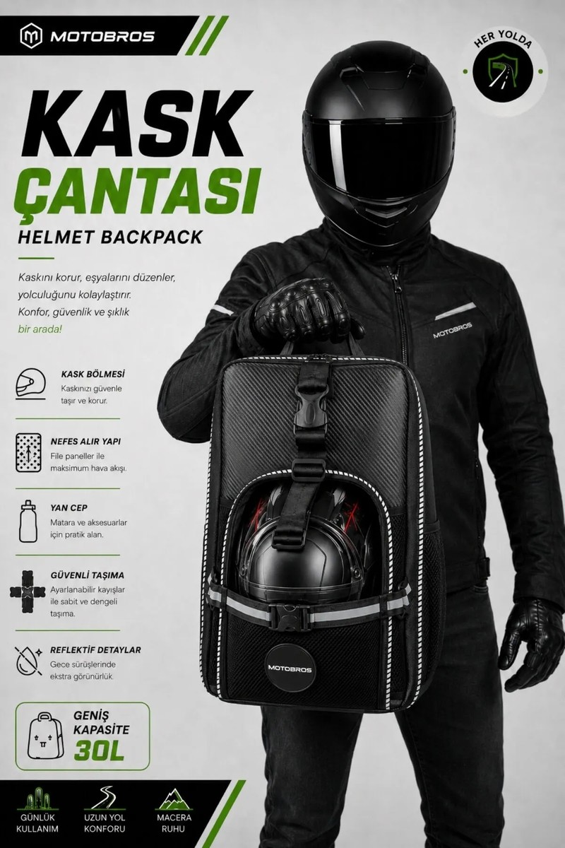Motobros Su Geçirmez Karbon Desenli Deri Motosiklet Sırt Çantası – Reflektörlü, Kask Bölmeli, Günlük ve Seyahat İçin