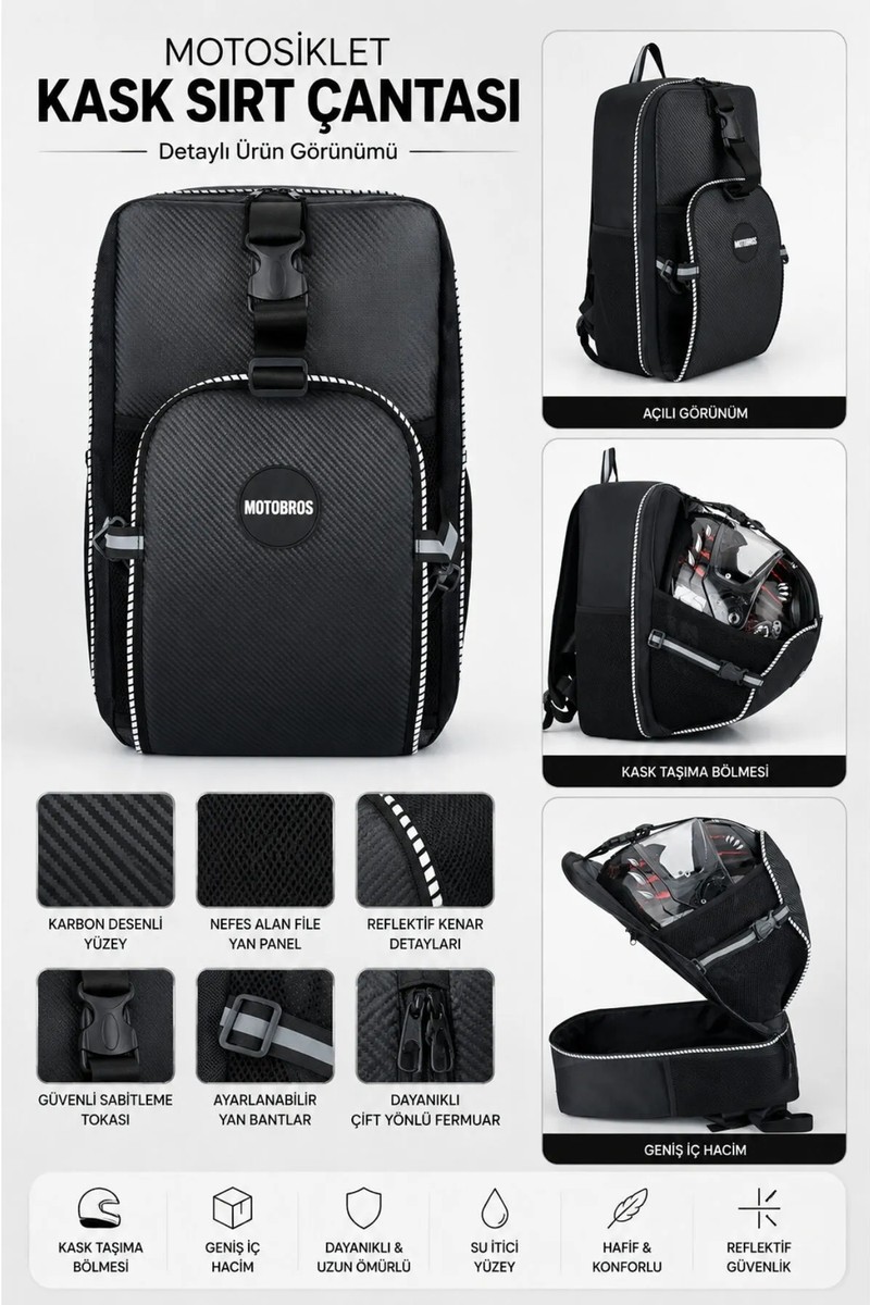 Motobros Motobros Su Geçirmez Karbon Desenli Deri Motosiklet Sırt Çantası – Reflektörlü, Kask Bölmeli, Günlük ve Seyahat İçin — 2. ürün görseli