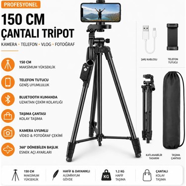 Moxti Moxti Profesyonel Kamera 150 cm Çantalı Tripot Telefon Tutucu Bluetooth Kumandalı Vlog Video Çekim fiyatı ve görseli