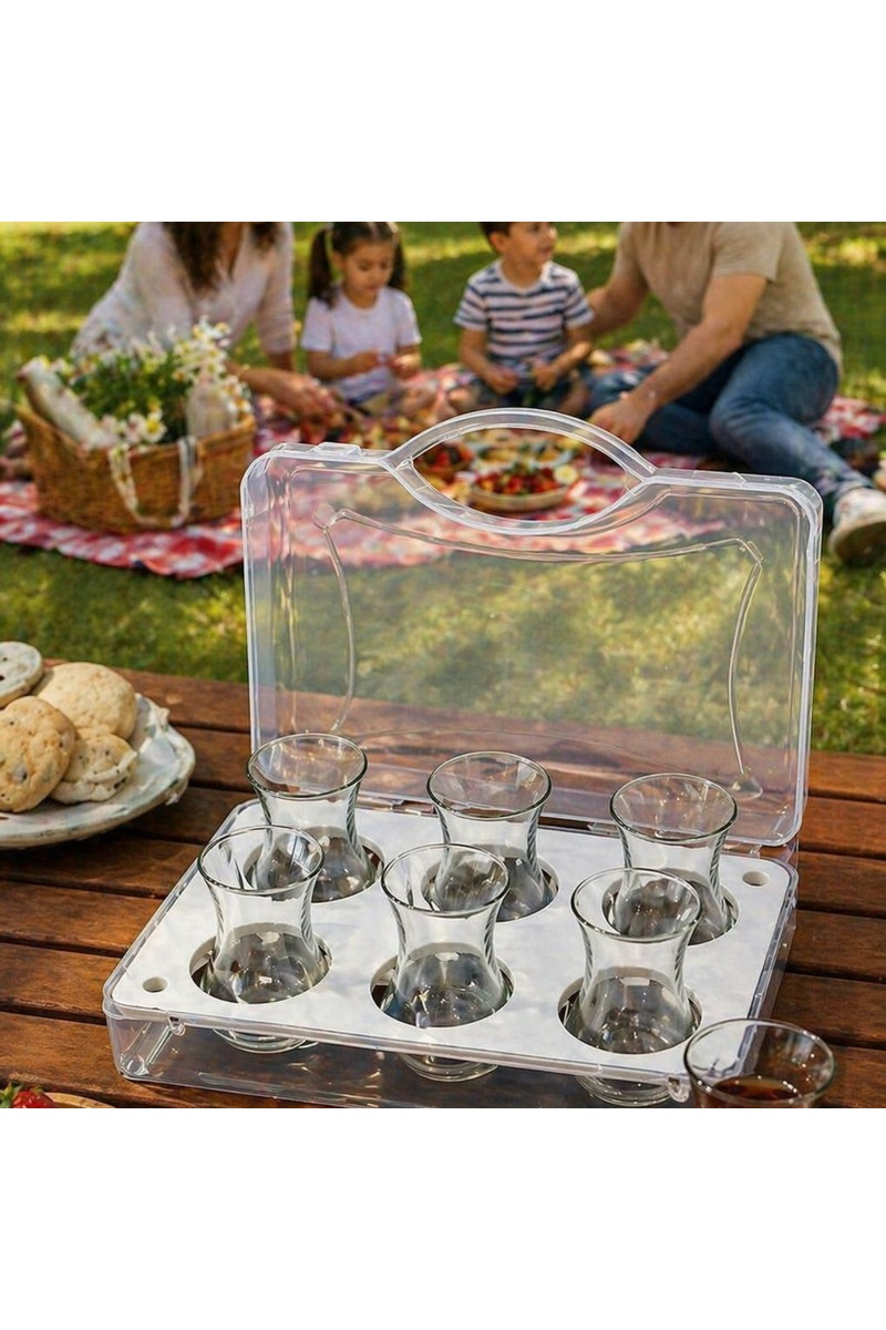 Multi Trendy 6'lı Çay Bardağı Taşıma Organizeri Kapaklı Piknik Bardak Taşıyıcı Kırılmaz Kutu