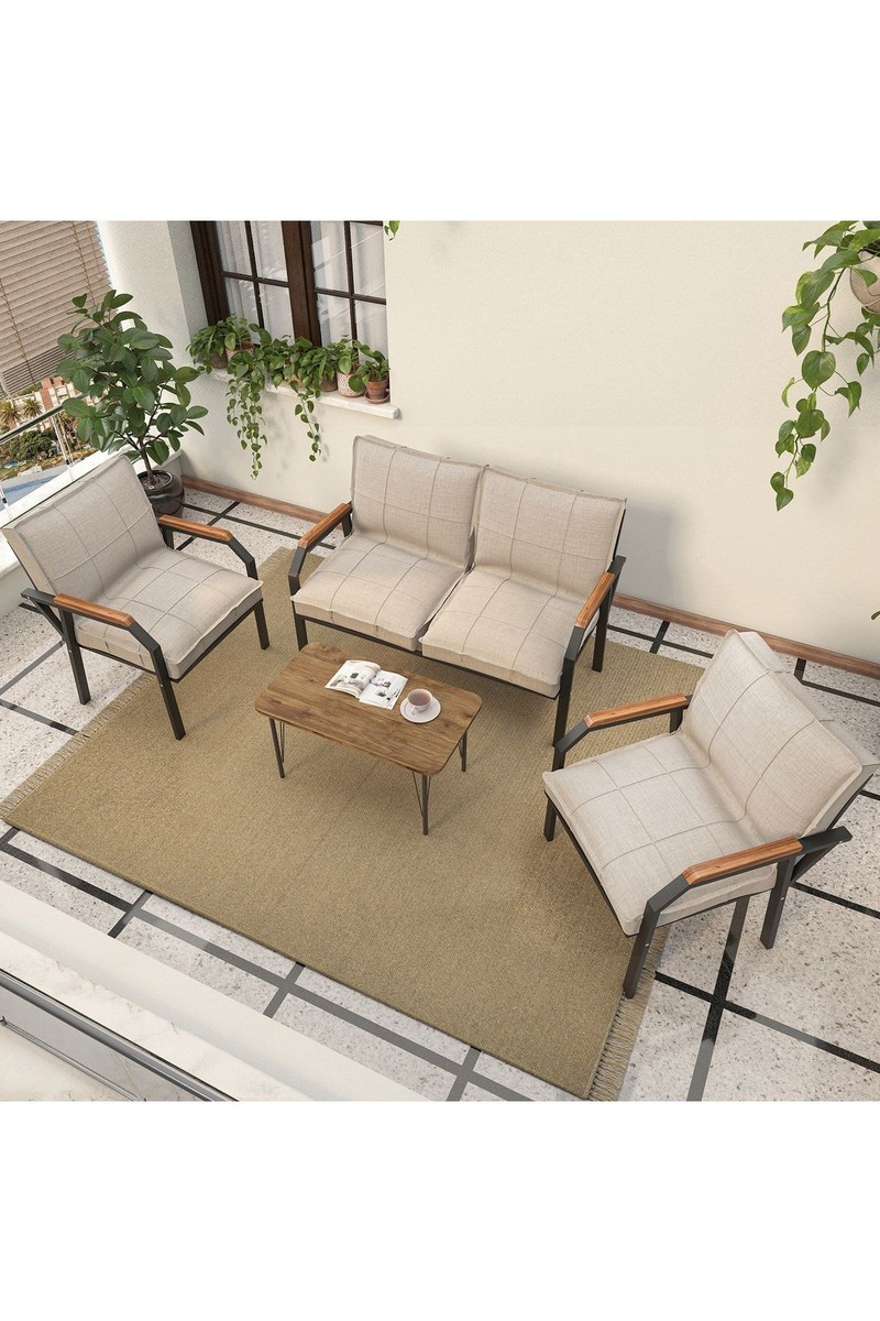 Mygusi Hayal Serisi Balkon, Bahçe, Cafe - Metal Kanepe Koltuk Takımı - 2+1+1 Sehpalı - Krem