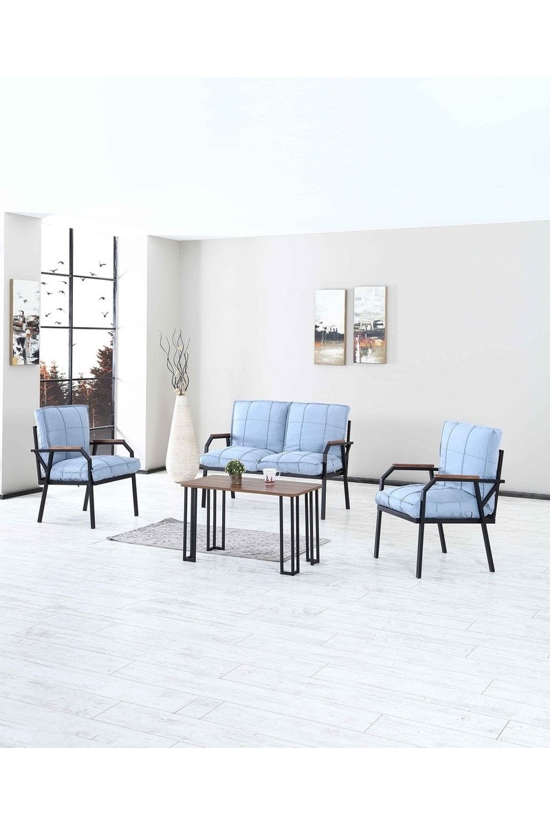 Mygusi Hayal Serisi Balkon, Bahçe, Cafe - Metal Kanepe Koltuk Takımı - 2+1+1 Sehpalı - Turkuaz