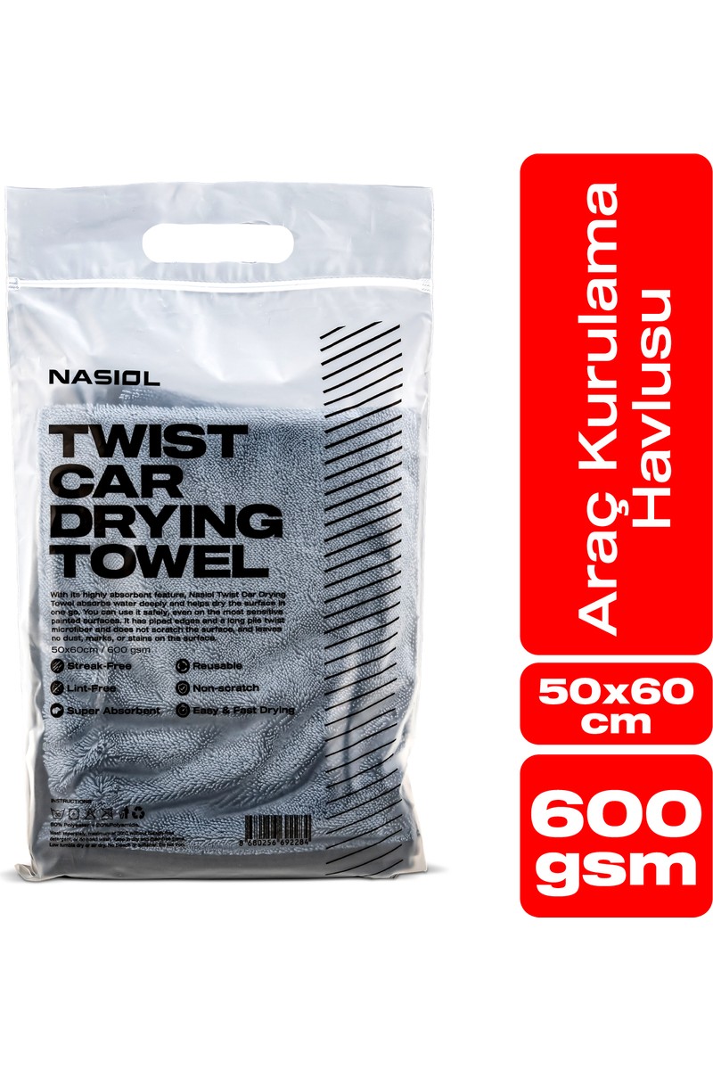 Nasiol Yüksek Su Emici Özellikli Mikrofiber Araç Kurulama Havlusu-Çiziksiz Temizlik-50x60cm-600gsm
