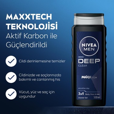 Nivea Nıvea MEN Erkek Deep Dimension Duş Jeli 500ml, 3ü1Arada Komple Bakım, Vücut Saç Yüz, Erkeksi Koku, — 2. ürün görseli