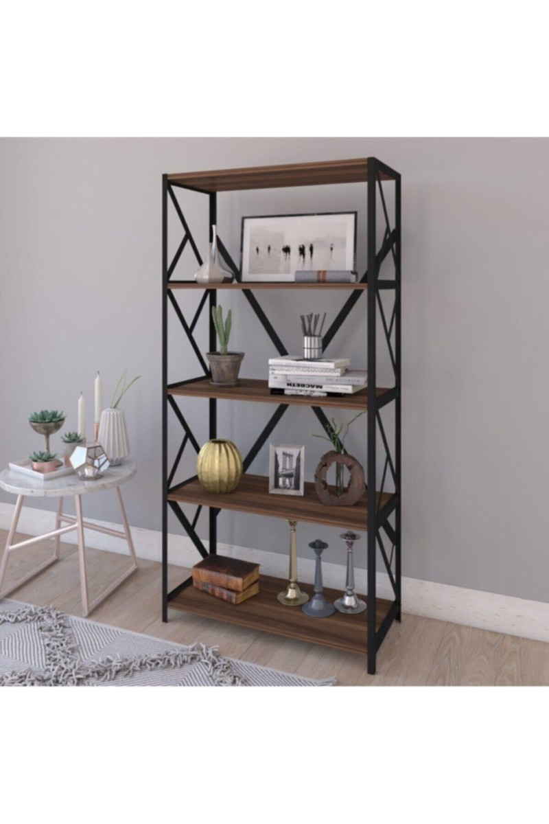 Noowa 5 Raflı Kahverengi Ofis Kitaplık Modern Tasarım 60cm Genişlik 30cm Derinlik 150cm Yükseklik
