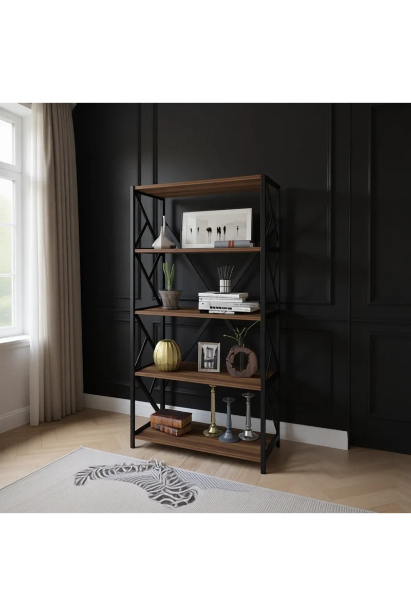 Noowa Noowa 5 Raflı Kahverengi Ofis Kitaplık Modern Tasarım 60cm Genişlik 30cm Derinlik 150cm Yükseklik — 3. ürün görseli