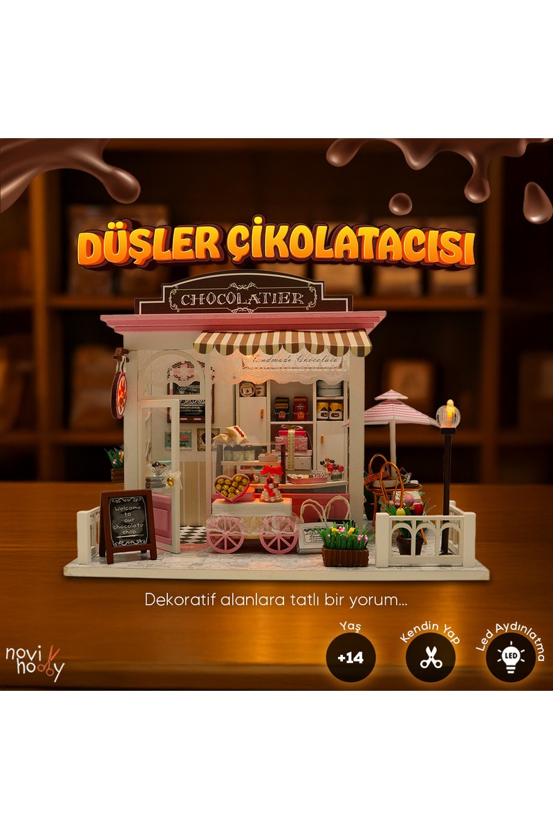 Novi Düşler Çikolatacısı Minyatür Maket Ev Kiti | Maket Ev | Dıy Kendin Yap | LED Işıklı Maket Ev