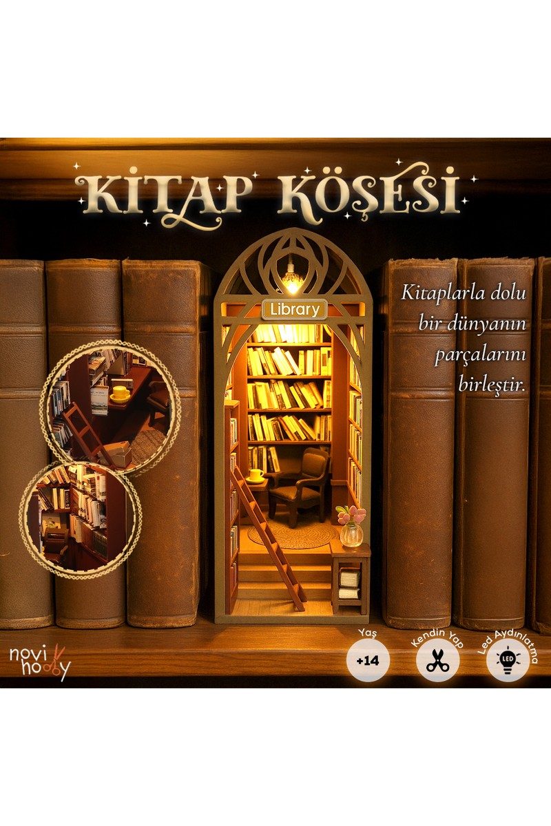 Novi Hobby Kitap Köşesi Minyatür Maket Ev Kitaplık Dekorasyonu LED Aydınlatmalı Maket Ev