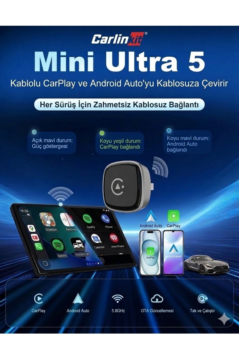 Noyo Carlinkit Ultra 5 2026 Kablosuz Carplay ve Android Auto Adaptörü, Yeni Nesilchipset, Bluetooth