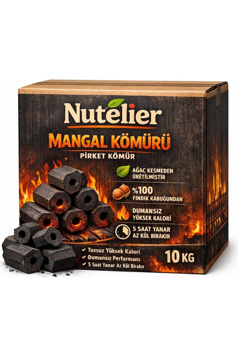 Nutelier Briket Mangal Kömürü 10 kg %100 Fındık Kabuğundan Üretilmiş Dumansız ve Yüksek Kalorili