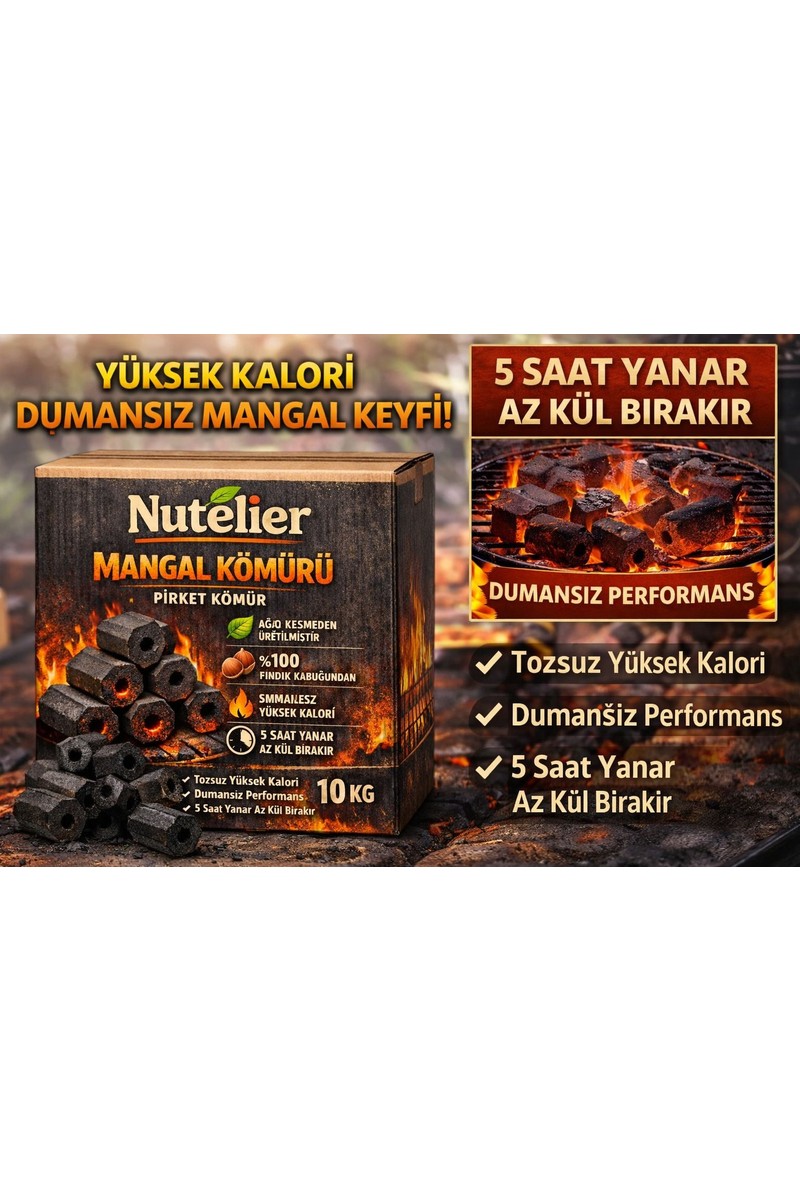 Nutelier Nutelier Briket Mangal Kömürü 10 kg %100 Fındık Kabuğundan Üretilmiş Dumansız ve Yüksek Kalorili — 3. ürün görseli