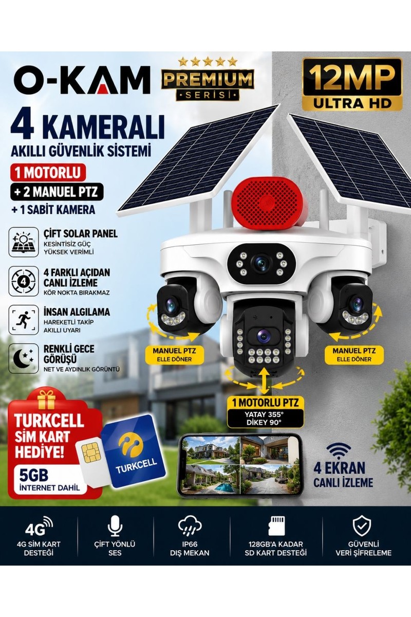 O-kam O-Kam OK337B Premium 12MP 4 Kameralı 4g Çift Solar Panel Aov Gece Görüş Sesli Konuşma Akıllı Kamera — 6. ürün görseli