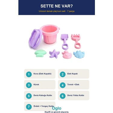 Oglo Oglo Unicorn Figürlü Kova Kürek Seti — 7 Parça Plaj Kum Oyuncağı, Kalıplı Deniz Kumu Seti 3+ — 3. ürün görseli