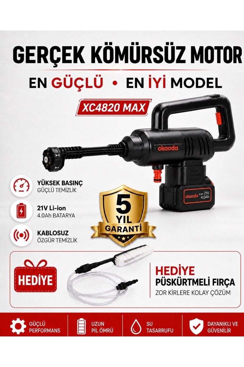 Okaoda 4820 Fırçasız Motor Çift Pil Şarjlı Yüksek Basınç Oto Araba Yıkama ve Bahçe Temiz Makinesi