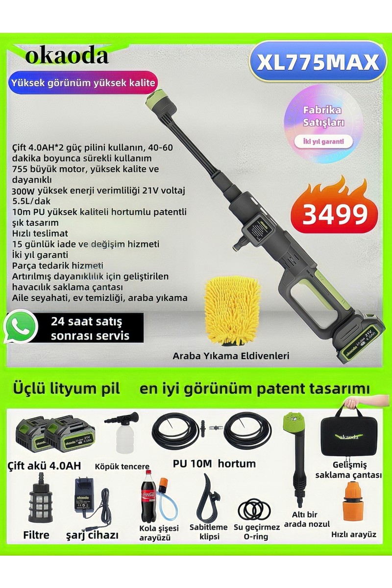 Okaoda 775XL Çift Pil Oto Araba Bahçe Klima Halı Ağacı Sulama Şarjlı Yüksek Basınç Yikama Tabancasi Makine