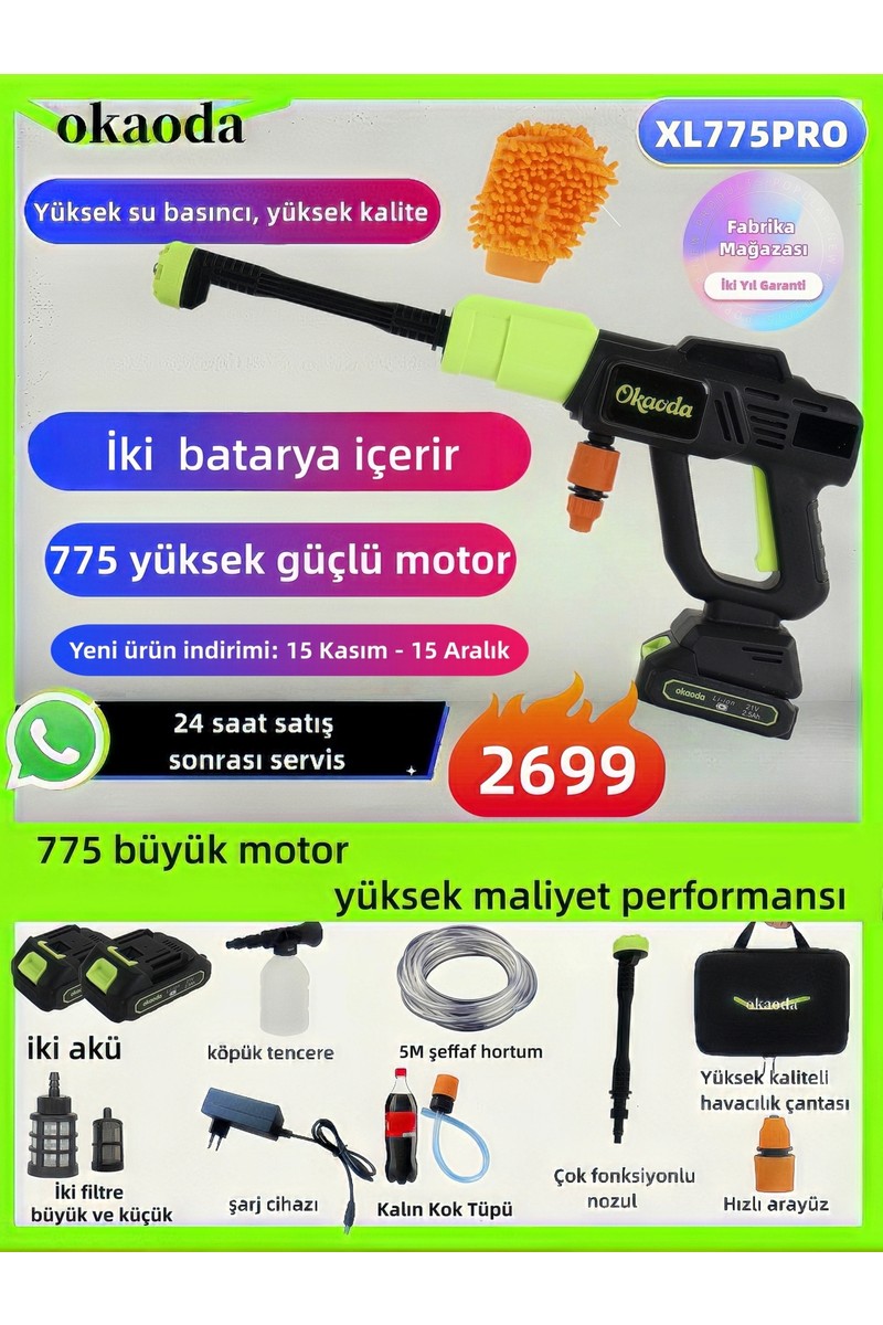 Okaoda Çift Pil 775 Büyük Motor Oto Araba Bahçe Klima Halı Şarjlı Yüksek Basınç Yikama Tabancasi Makine