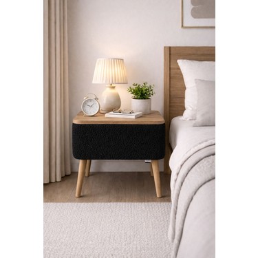 Own Home Own Home Nivo Sandıklı Komodin Modern Tasarım Teddy Kumaş Kaplamalı Ahşap Ayaklı Siyah fiyatı ve görseli