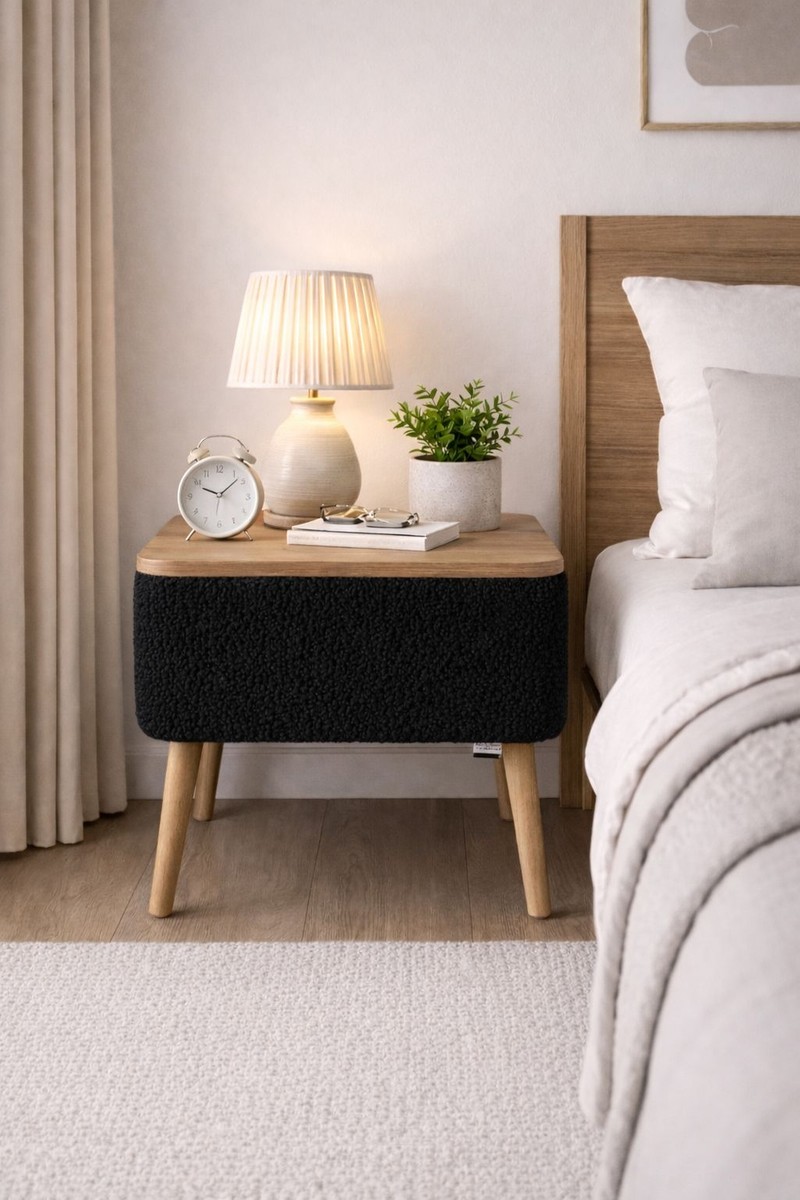 Own Home Own Home Nivo Sandıklı Komodin Modern Tasarım Teddy Kumaş Kaplamalı Ahşap Ayaklı Siyah — 5. ürün görseli