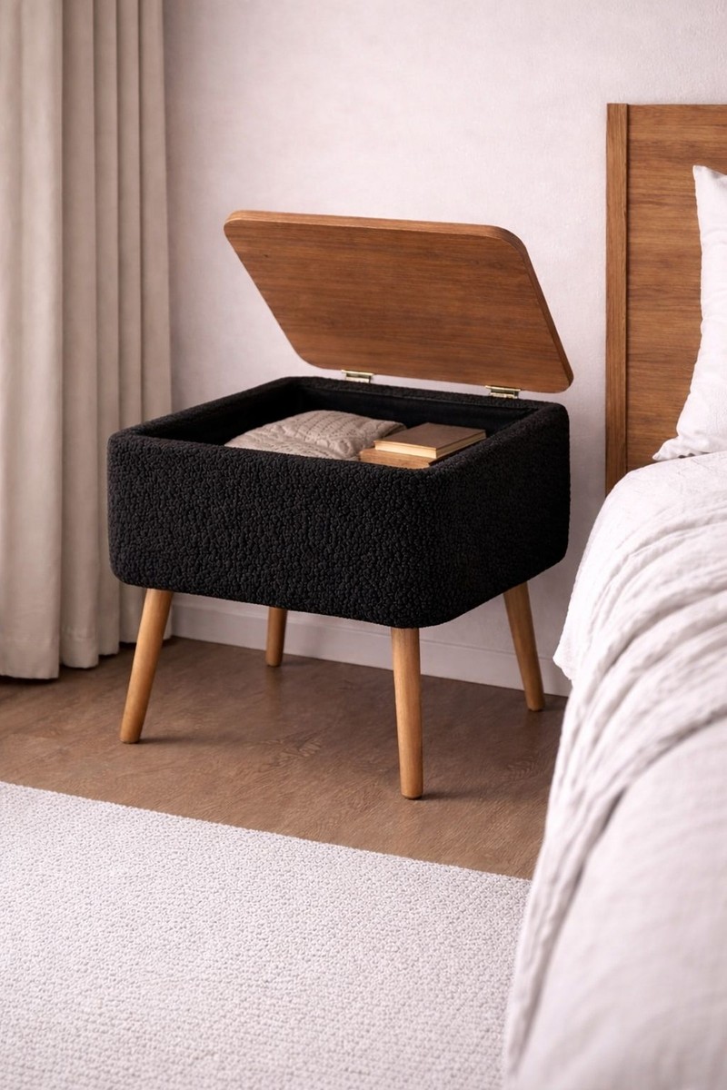 Own Home Own Home Nivo Sandıklı Komodin Modern Tasarım Teddy Kumaş Kaplamalı Ahşap Ayaklı Siyah — 6. ürün görseli