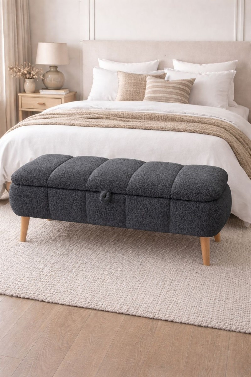 Own Home Own Home Sara Sandıklı Puf Bench, Modern Teddy Kumaş Kaplamalı Ahşap Ayaklı 90 cm — 4. ürün görseli