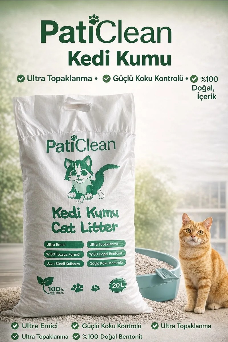 Pati Pati Clean 20 Lt İnce Taneli Süper Topaklanan Beyaz Bentonit Kedi Kumu Kokusuz Organik Kedi Kumu fiyatı ve görseli